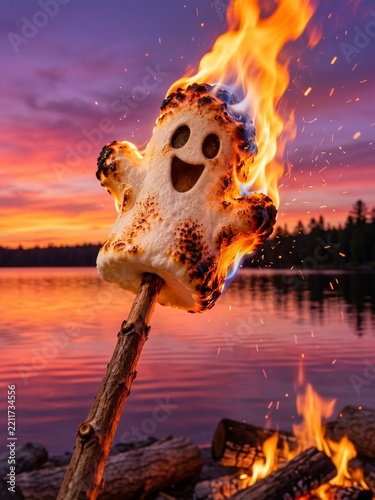 Flaming ghost marshmallow roasting over campfire at sunset