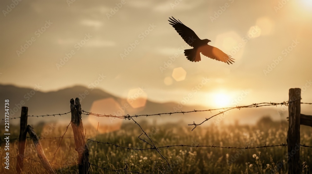 Fototapeta premium Silhouette of a Bird Flying Over a Barbed Wire Fence at Sunset in a Rural Landscape