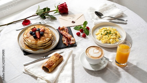 Anniversary breakfast in bed food styling high resolution picture