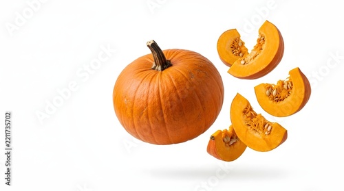 Whole Fresh Orange Pumpkin Floating with Slices Isolated on White Background
