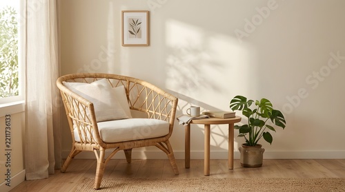 Minimalist Scandinavian Living Room Corner with Rattan Chair and Warm Natural Sunlight