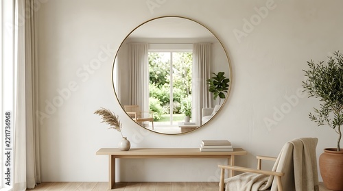Large Round Mirror Mounted on Neutral Beige Wall Above Wooden Bench in Japandi Living Room.