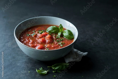 Fresh tomato soup with basil leaves in white bowl high resolution picture