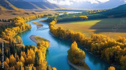 A serene river flows through an autumn landscape with golden trees.