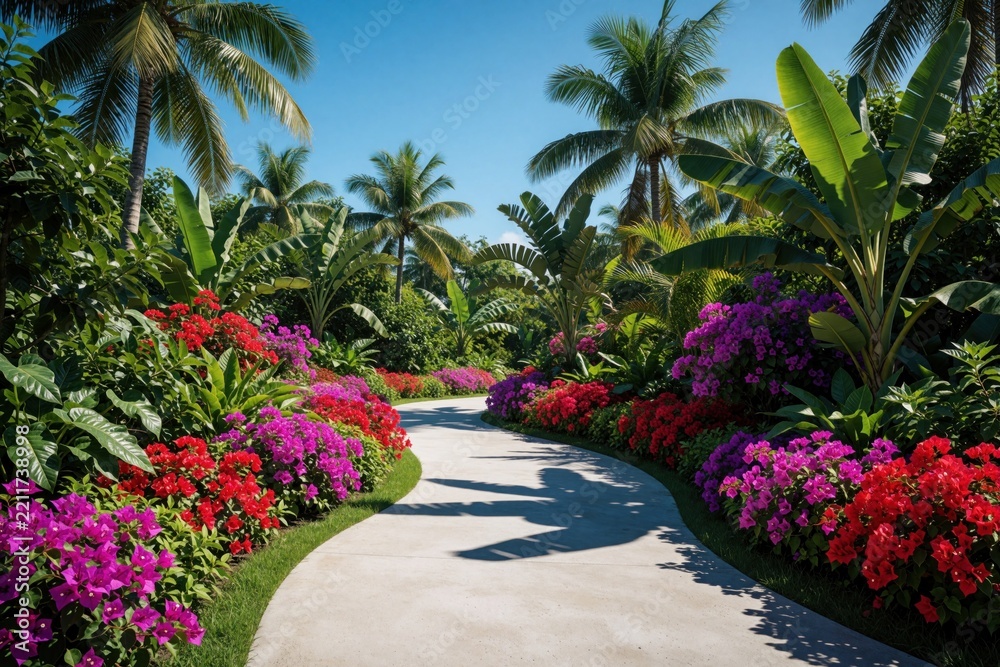 Fototapeta premium Winding concrete path leads through tropical garden with bright flowers. Colorful bougainvillea, exotic plants line curved walkway under blue sky. Sunny summer day in botanical park with palm trees,