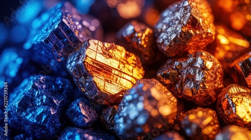 Close up of raw rare earth minerals with metallic shine. Glowing colorful stones show spectrum of blue, gold hues. Valuable elements used in advanced tech, green energy, electronics industry.
