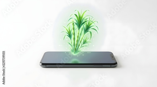 Futuristic AgriTech Concept Showing Digital Sugarcane Hologram Emerging from Mobile Phone.