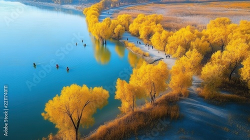 Autumn river with golden trees and people in boats