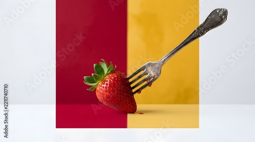Fresh Red Ripe Strawberry Pierced with Vintage Silver Fork on Dual Tone Color Block Background
