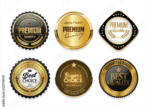 Retro Vintage Golden Premium Quality Badges Collection with Luxury Labels Shields Guarantee Emblems Sale Offer Stickers Award Seals and Corporate Certification Symbols Isolated