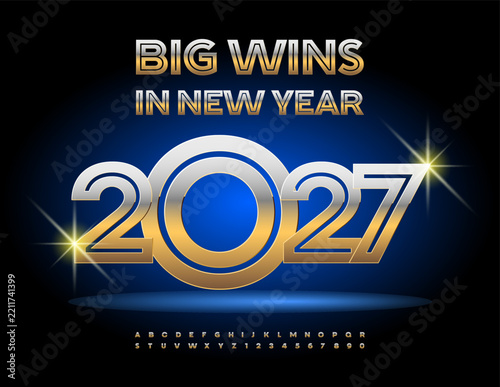 Vector Luxury Card Big Wins in New Year 2027! Classy Golden Font. Unique set of Amazing Alphabet Letters and Numbers set. 