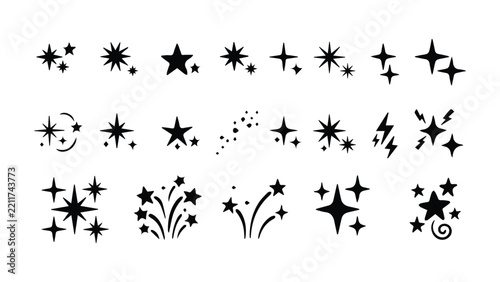 Black and white set of hand drawn magic stars sparkles and glowing flash elements isolated on a white background suitable for design decoration and festive concepts