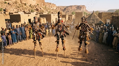 African tribal dancers on stilts perform a ritual in a village with onlookers gathered