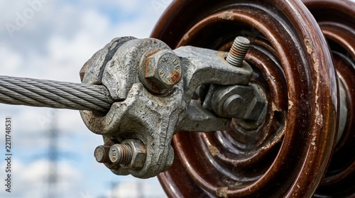 Close-up of rusty electrical insulator with steel cable on sky background
