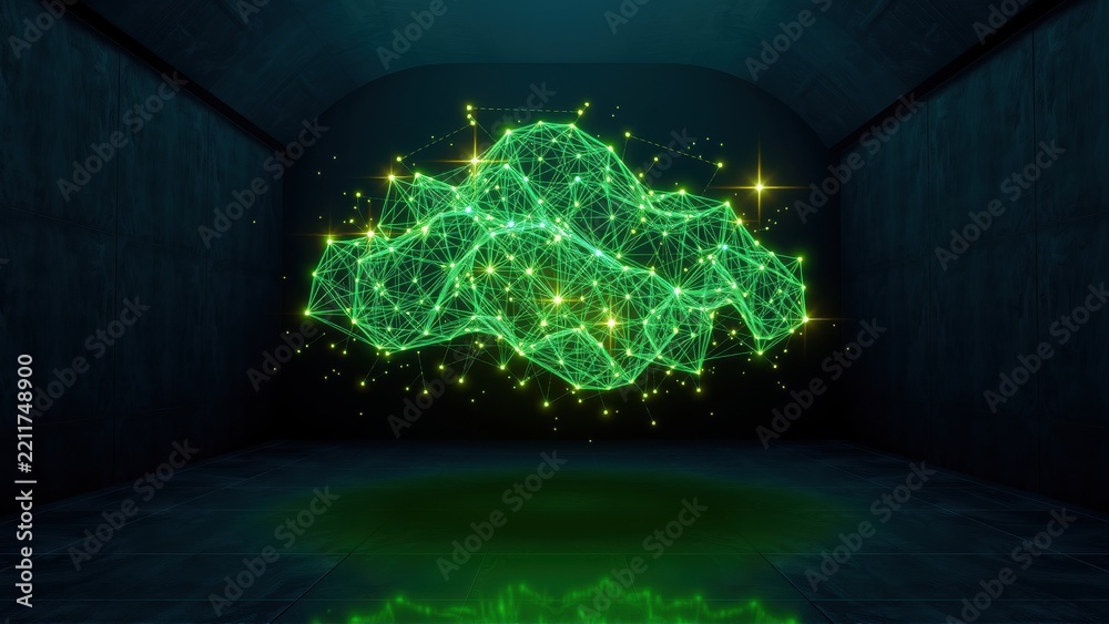 Fototapeta premium Dark room features glowing green cloud composed of connected lines, points. Floor displays similar light pattern. Tunnel walls frame scene.