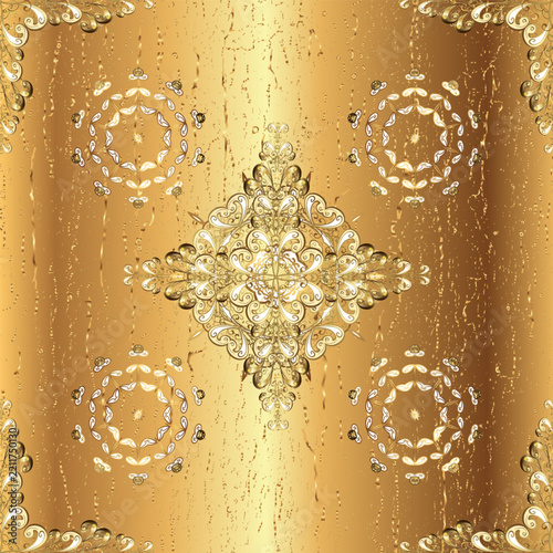 Luxury golden vector seamless background with sparkling floral medallions, elegant ornaments and decorative details. Glamorous repeating pattern for textile, wallpaper and premium design.