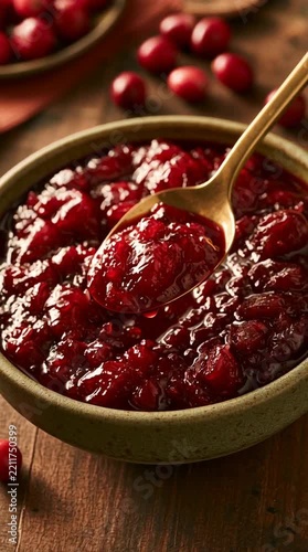 Cinematic Slow Camera Orbit Around a Static Bowl of Rich Dark Red Cranberry Sauce