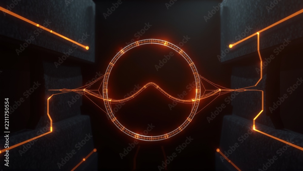Fototapeta premium Dark room features glowing orange lines forming circular pattern. Minimalist design emphasizes symmetry, light, shadow interplay. Futuristic aesthetic.