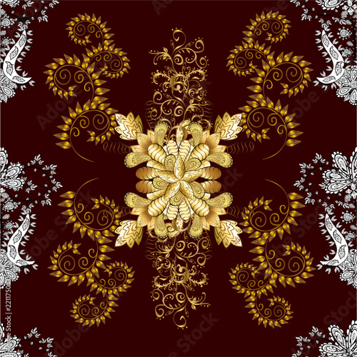 Luxury burgundy and gold vector seamless background with elegant floral ornaments, lace details and baroque motifs. Decorative repeating pattern for textile, wallpaper and fabric design.