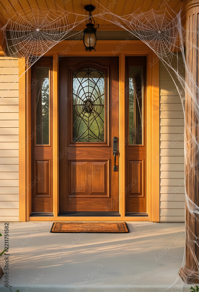 Fototapeta premium Halloween home decoration, spooky spider webs on a wooden front door with porch lighting for autumn holiday celebration and seasonal residential exterior