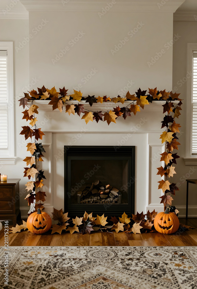 Fototapeta premium Autumn home decor and halloween celebration, fireplace mantel decorated with fall maple leaf garland and carved jack-o-lantern pumpkins in living room