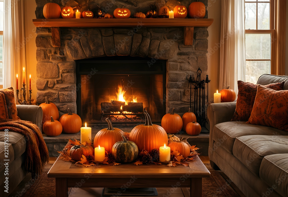 Fototapeta premium Halloween home decor and autumn interior design, cozy living room with pumpkins and candles by a stone fireplace for seasonal holiday celebration