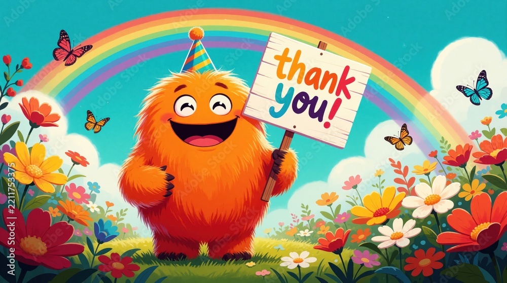 Fototapeta premium Cute orange fluffy monster wears party hat, holds thank sign. Happy creature stands in vibrant garden with colorful flowers, butterflies, bright rainbow. Fun character celebrates with joy in magical