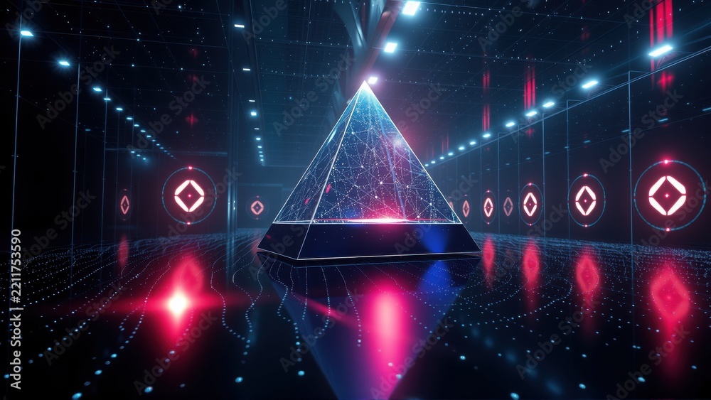 Fototapeta premium Futuristic scene. Glowing pyramid dominates dark space. Lines, dots create digital tunnel effect. Vibrant blue, pink hues present.