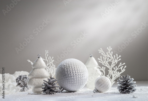 Christmas card with Christmas decorations and transparent balls. With space for text