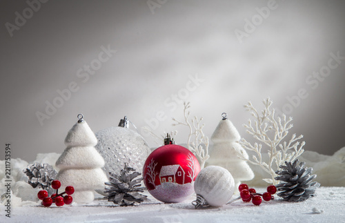 Christmas card with Christmas decorations and transparent balls. With space for text