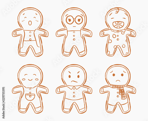 A playful collection of gingerbread characters showing varied expressions and wearing different outfits. Hand drawn line art creates a charming cookie illustration style.