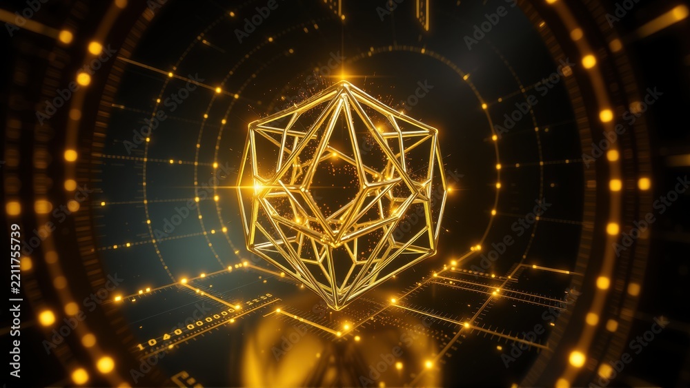 Fototapeta premium Golden geometric shape inside tunnel. Digital lines create futuristic, glowing effect. Dark background emphasizes bright central form.
