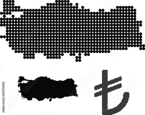 Türkiye Dotted Matrix Map Vector Set with Country Silhouette and Turkish Lira Currency Symbol for Regional Data Visuals