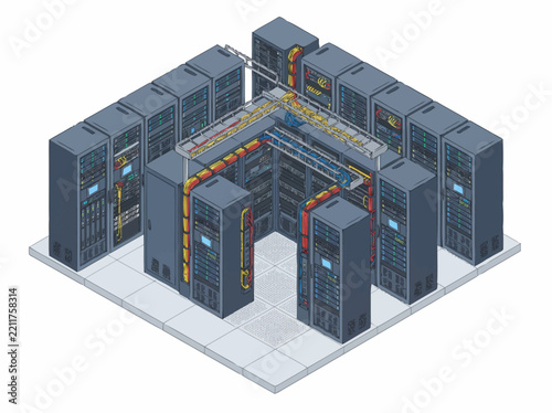 Network hub presented as an isometric vector graphic featuring dark blue server racks organized in a U-shape configuration with overhead routing channels.