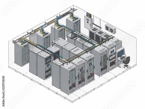 Data center depicted in an isometric illustration showing grey server cabinets arranged in rows with overhead cable trays and an empty workstation desk.