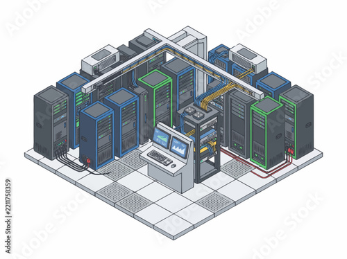 Server room rendered as an isometric vector illustration featuring multiple blue and green racks with a central console containing computer monitors.