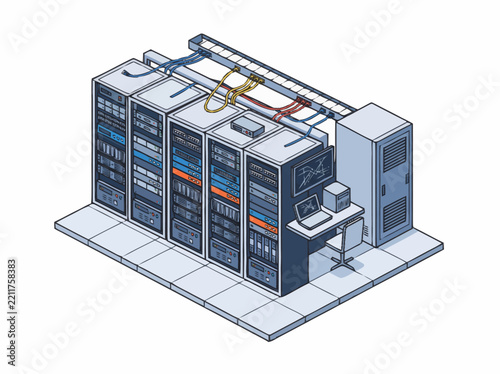 Server hardware graphic presents an isometric layout of towering computer units, overhead cabling systems, and an administrative workstation.