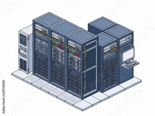 Network racks display an isometric arrangement of computer servers, management consoles, and connected cables in a modern technical environment.