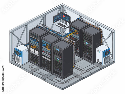 Server room illustration featuring an isometric view of secure computer racks, ventilation units, monitoring displays, and organized cable routing.