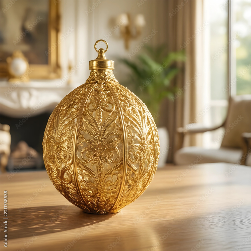 Fototapeta premium Luxury home decor and interior design, ornate gold filigree ornament on wooden table in elegant living room with soft natural sunlight and blurred background