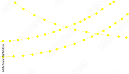 Yellow fairy lights garland on white background, festive string lights vector illustration, glowing party hanging bulbs for holiday decoration
