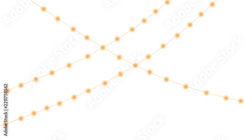 Glowing orange fairy lights on white background, festive hanging string lights vector, minimalist decorative party light bulb garland illustration