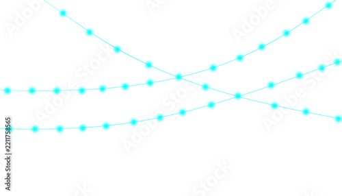 Glowing cyan fairy lights on white background, festive blue string lights vector illustration, decorative hanging party light garlands