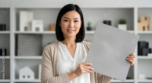 Asian Woman Designer Holds Gray Sample Tile in Modern Office Showroom
