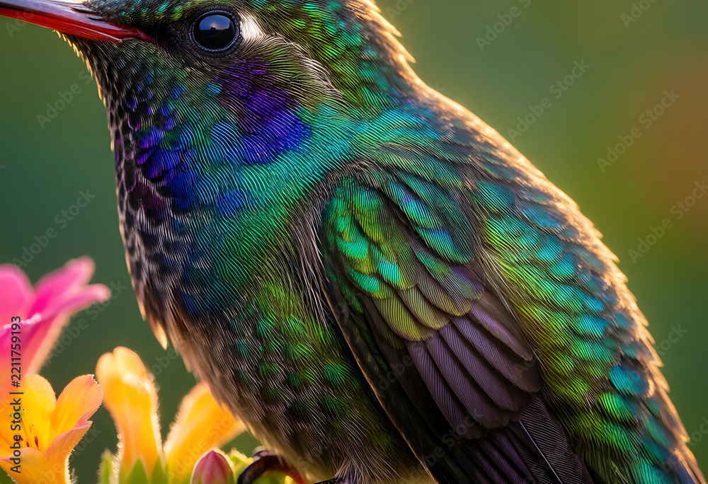 Fototapeta premium Biodiversity and nature conservation, hummingbird with iridescent feathers feeding on colorful flowers in a garden during a sunny spring day
