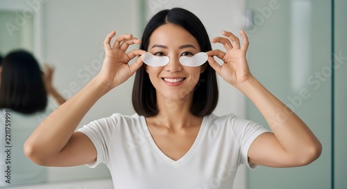Beautiful Asian Woman Applying Rejuvenating Eye Patch Masks for Healthy Skincare Routine