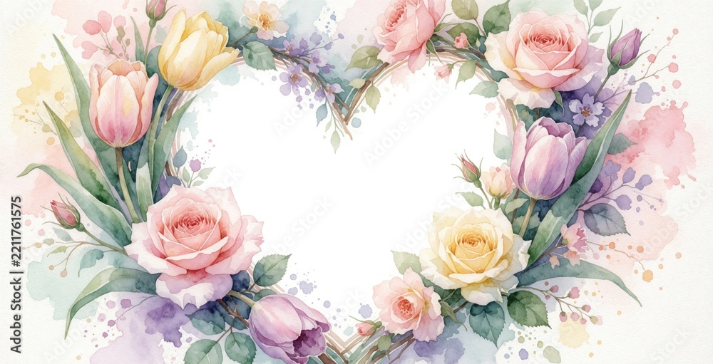 Fototapeta premium Watercolor floral heart frame with pink roses, yellow tulips. Beautiful spring bouquet decoration with soft pastel colors, green leaves. Romantic garden blossom design for wedding invitation