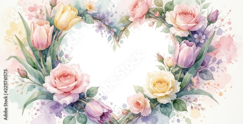 Watercolor floral heart frame with pink roses, yellow tulips. Beautiful spring bouquet decoration with soft pastel colors, green leaves. Romantic garden blossom design for wedding invitation