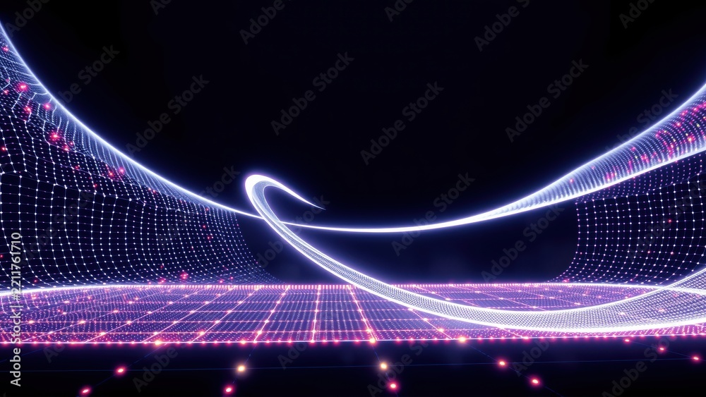 Fototapeta premium Abstract digital landscape. Glowing lines form curves, grid. Dark background emphasizes bright neon colors, futuristic design.