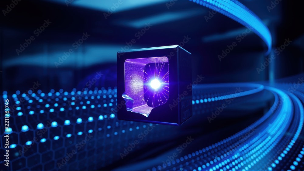 Fototapeta premium Glowing cube sits amid digital network. Bright light emanates from within, suggesting data transfer or processing. Futuristic scene.